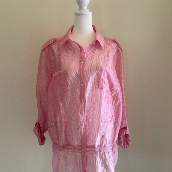 Chico's Top SZ3 Pink Roll Tab Sleeve Button Front Collar Safari Smocked Waist - Picture 1 of 8